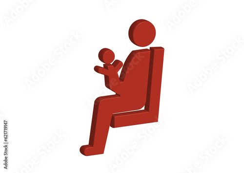 左向きで赤ちゃんを抱っこして椅子に座るお母さんの赤いの優先席マークの3Dイラスト