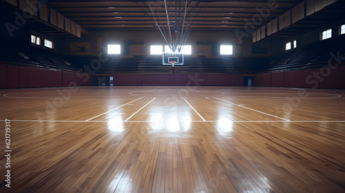 A huge college basketball floor, beautiful gym, very detailed and contrasted, hyper realistic, 4k, sports, gyms, nobody, light, brown, Ai generate.
