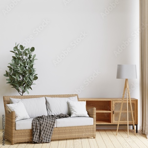 3D rendering minimal style living room with wooden floor ,white wall,big  couch sofa,big window,carpet,wooden cabinet,wall for mockup.
