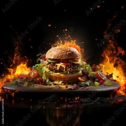 Melted Cheese Burger in a plate with smoking hot fire on the background Generative AI