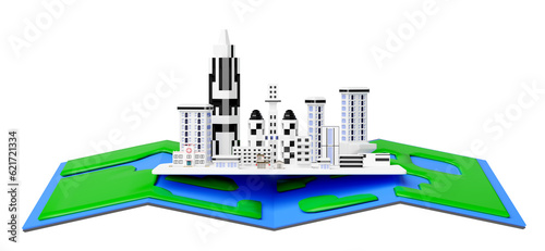skyscraper building in big city with map isolated. 3d render illustration