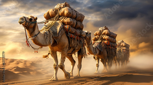 Camel with luggage on the historical Silk route trade