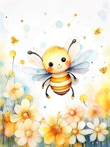 Cute watercolor bee around flowers  illustration for children