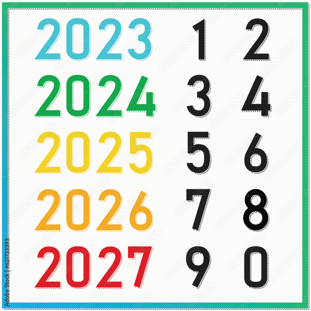 The many year and number of vector. Graphic design of number in colorful and creative new year.
