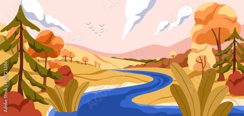 Autumn landscape panorama. Fall nature, river, yellow trees, grass, plants, h...