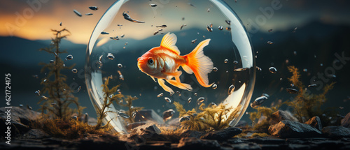 Freiheitssprung: Goldfisch springt aus dem Fischglas in die Freiheit © PhotoArtBC