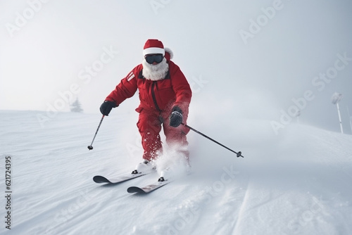 Funny Santa Claus on ski slope in winter. Generative AI
