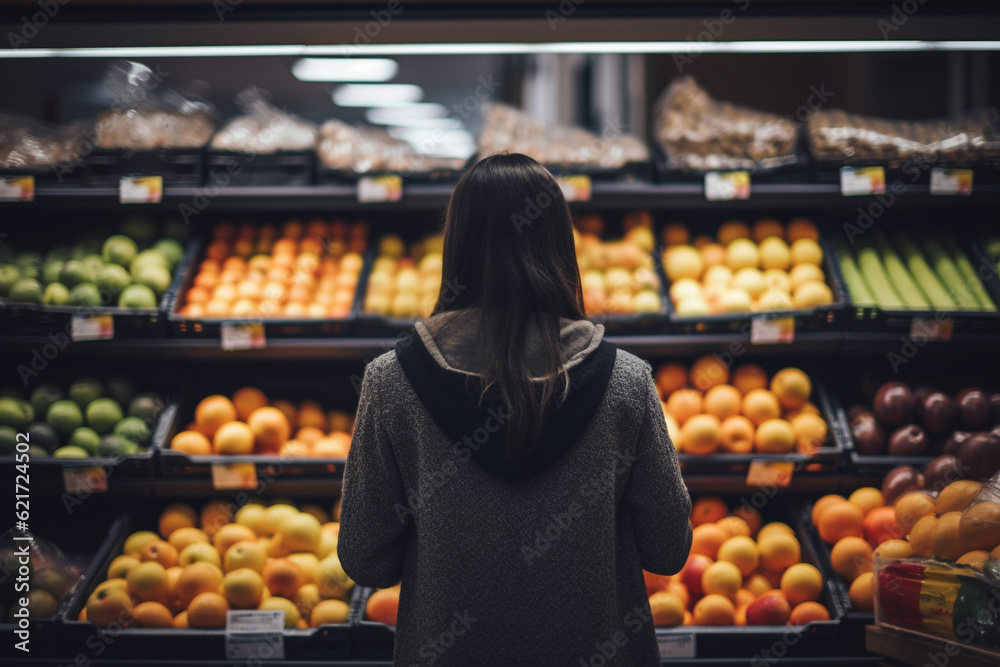 Young woman shopping in grocery store, looking at vegetables and fruits. Generative AI
