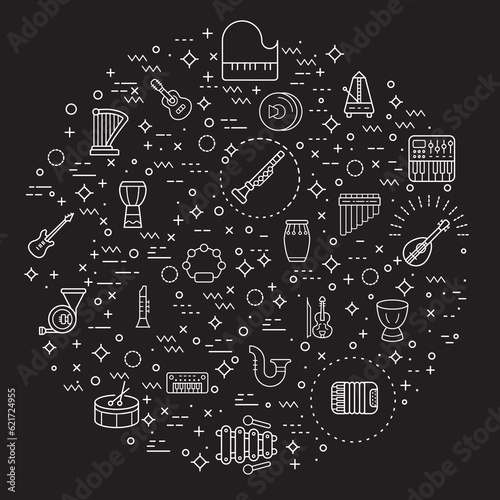 Simple Set of music instrument Related Vector Line Illustration. Contains such Icons as sound, piano, guitar, accordion, oboe, saxophone, drum, marimba, xylophone and Other Elements.