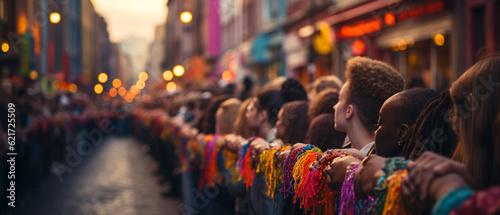 Regenbogen der Liebe: Lesbische und schwule Menschen halten Hände bei Parade