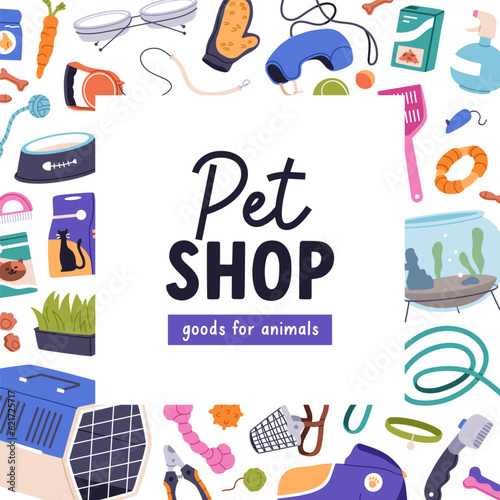 Pet shop, promotion card design. Animals accessories, goods store, advertisin...