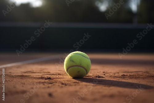 Tennis ball on tennis court, close up view. Generative AI © marcin jucha