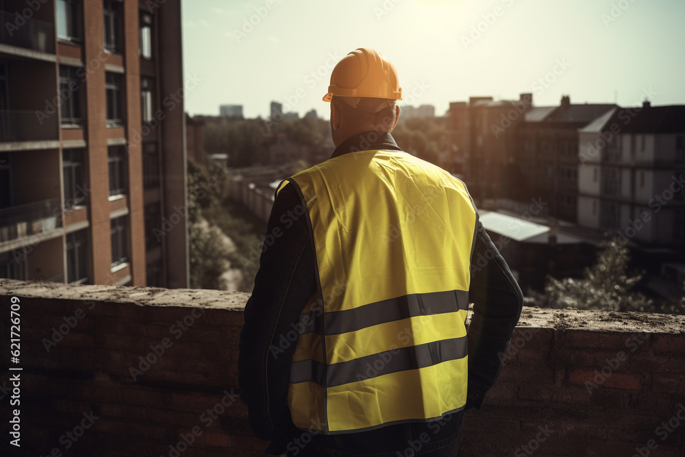 Contractor worker looking away at construction site. Back View. Generative AI
