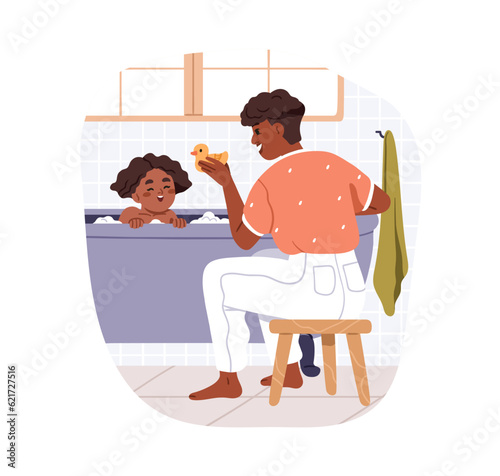 Happy African-American mother and daughter in bathroom. Mom playing with girl kid taking bath tub. Black woman caring about child in bathtub. Flat vector illustration isolated on white background
