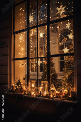 Decorated window in Christmas festive ornaments and lights. Nostalgia concept. Generative AI