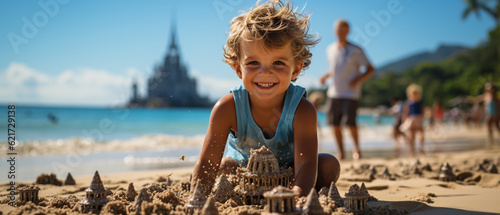 Baukünstler am Werk: Ein talentierter Junge baut eine beeindruckende Sandburg am Strand