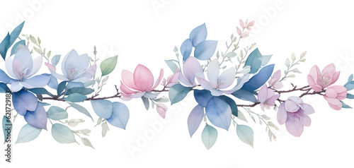 watercolor magnolia flowers and eucalyptus leaves on transparent background generative ai