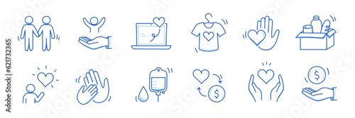 Charity hand, money, care heart doodle line icon. Charity donate, support, blood donor concept icon set. Volunteer heart, donate food hand drawn doodle sketch style line. Vector illustration