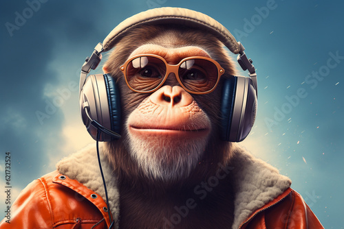 Photographie chimpanzee listening to music using a headset