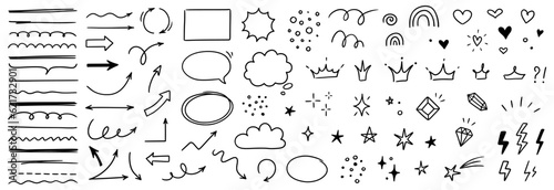 Sketch line arrow element, star, heart shape. Hand drawn doodle sketch style circle, cloud speech bubble grunge element set. Arrow, star, heart brush decoration. Vector illustration