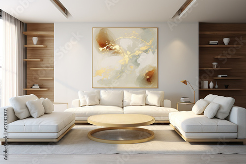This minimalist scandinavian-style living room with its striking wall-mounted painting provides a stunning and inviting atmosphere for any interior design enthusiast