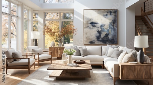 This minimalistic and contemporary scandinavian living room features a striking artwork, providing a chic and inviting atmosphere photo