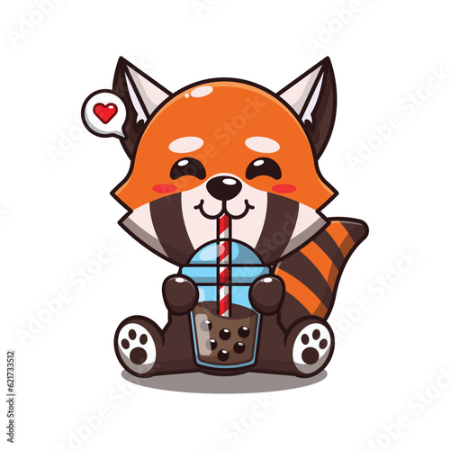 cute red panda drink boba milk tea cartoon vector illustration.