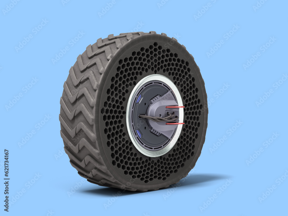 Obraz premium modern tubeless tire on a steel car rim 3d render on blue