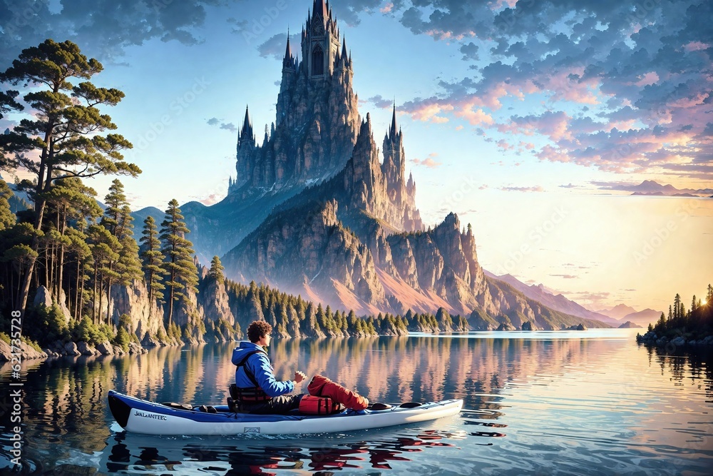 Kayaking Man in Fantasy Landscape created with Generative AI.