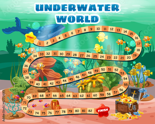 Kids Boardgame Underwater World. Pirate treasure chest in bottom ocean