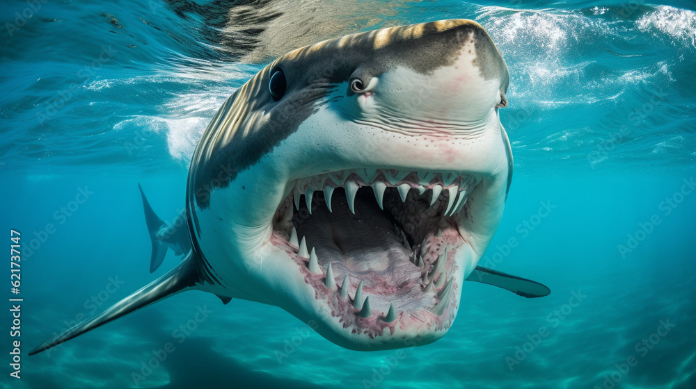 Obraz premium A close-up photograph of a majestic tiger shark, its rows of sharp teeth visible as it cruises through the ocean Generative AI