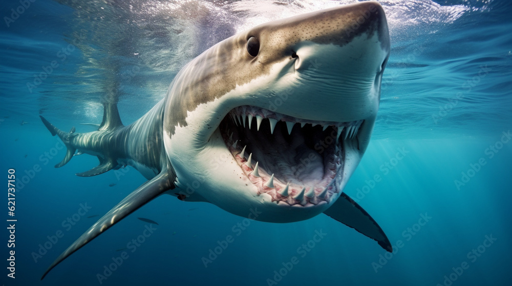 Naklejka premium A close-up photograph of a majestic tiger shark, its rows of sharp teeth visible as it cruises through the ocean Generative AI