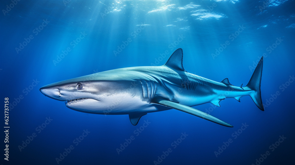 Fototapeta premium A captivating shot of a blue shark, known for its sleek and elegant appearance, gracefully swimming in the open ocean Generative AI