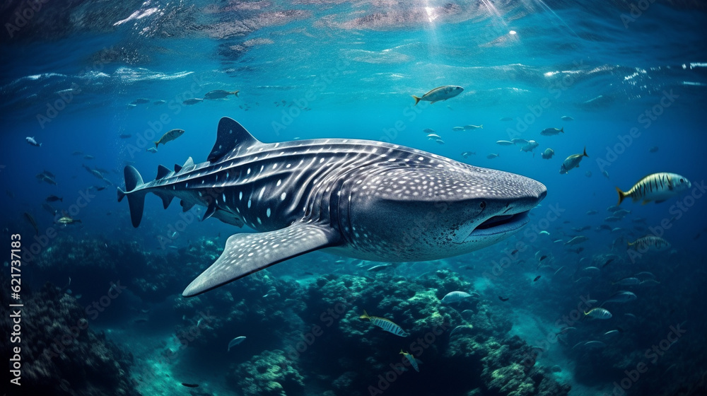 Fototapeta premium A serene underwater scene featuring a whale shark peacefully swimming alongside smaller fish, showcasing their gentle nature Generative AI