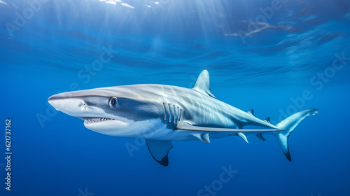 A captivating shot of a blue shark, known for its sleek and elegant appearance, gracefully swimming in the open ocean Generative AI © Наталья Евтехова
