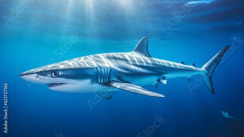A captivating shot of a blue shark, known for its sleek and elegant appearance, gracefully swimming in the open ocean Generative AI
