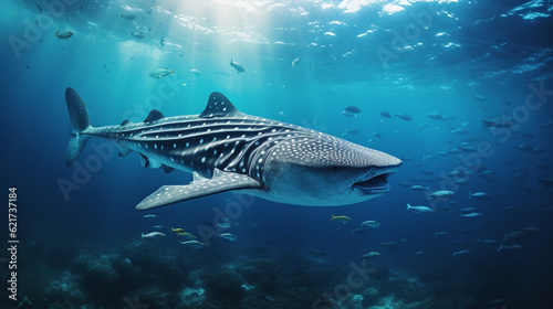 A serene underwater scene featuring a whale shark peacefully swimming alongside smaller fish, showcasing their gentle nature Generative AI