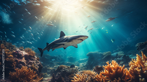 An ethereal shot of a white tip reef shark gliding through a mesmerizing sunbeam, creating a magical underwater scene Generative AI