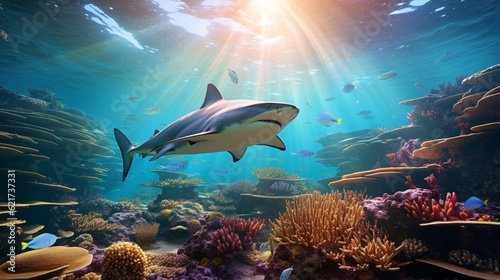 An ethereal shot of a white tip reef shark gliding through a mesmerizing sunbeam, creating a magical underwater scene Generative AI © Наталья Евтехова