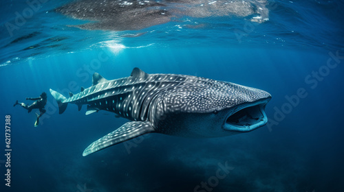 A breathtaking image of a whale shark, the largest fish in the ocean, peacefully swimming alongside a snorkeler Generative AI