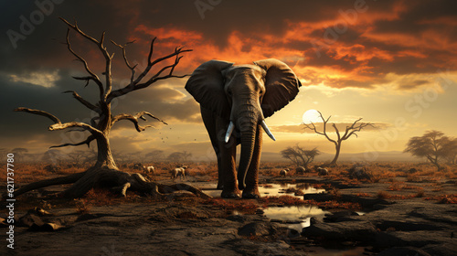 Savannenidylle: Ein elefantastisches Treffen zwischen einem majestätischen Tier und einem Baum