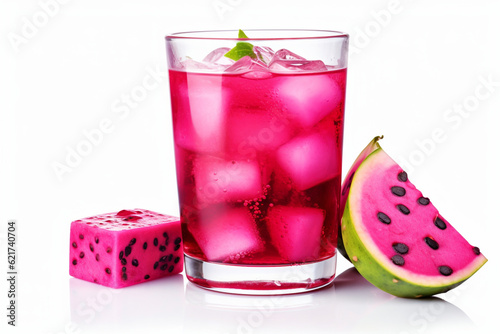 a glass of dragon fruit juice and ice cubes with pieces of fruit on a white background