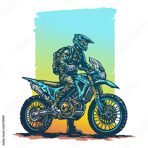 Colorful adventure biker sport dual purpose motorcycle vintage style illustration