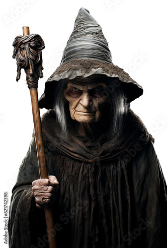 old elderly scary witch woman in a hat and black costume on a white isolated background. Generative AI illustration