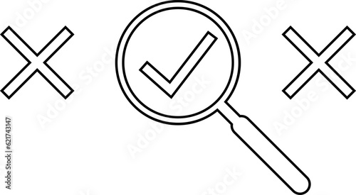 Magnifier enlarging the correct or check mark icon. Business industrial quality control and voting concept vector icon