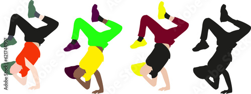 Vector break dancers set. Dancing boys. Young boy guy standing hands and dancing break dance. Active lifestyle vector illustration.