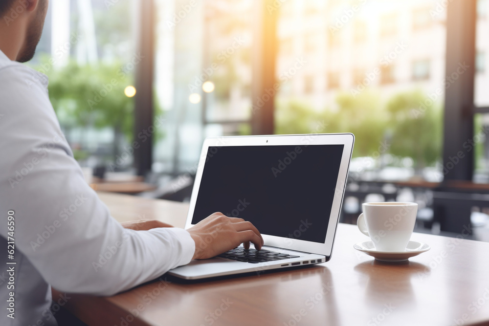 business man working on laptop, mockup design, blank laptop screen