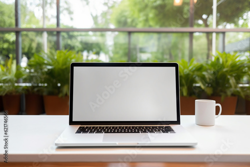 Laptop mockup with blank white screen on table with cup outdoor