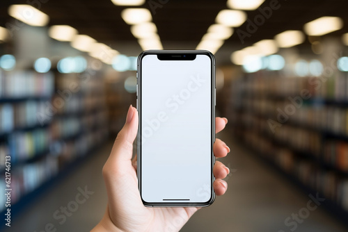 smartphone mockup with blank screen against blurred library background