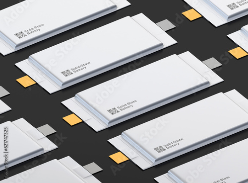 Group of Solid-State Battery cell units with sample QR code on black background. Next Generation Electric Vehicle Battery concept. Generic design. Isometric view.  3D rendering illustration.